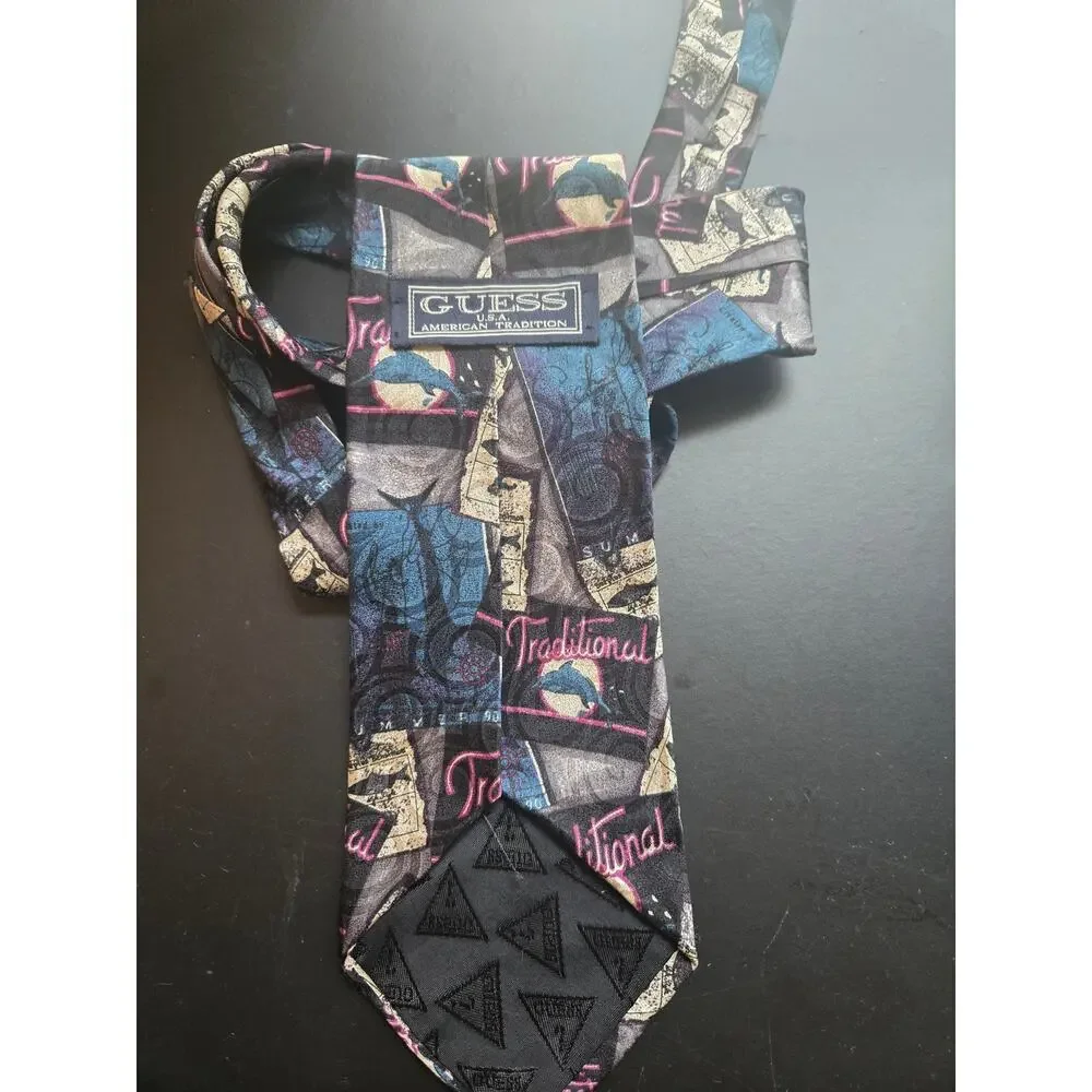 Guess usa vintage necktie multicolor dolphins 100% silk made in USA traditional